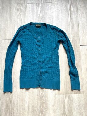 Eddie Bauer 100% Cotton Teal Cable-Knit Button Cardigan